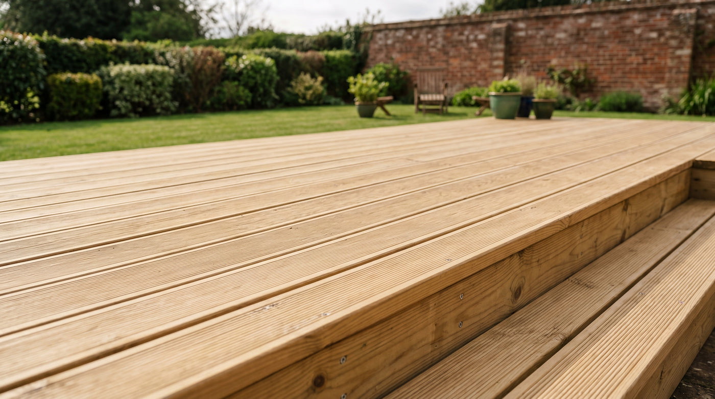 Freshly built softwood timber garden decking with boards running in parallel and a stepped edge, in a British walled garden
