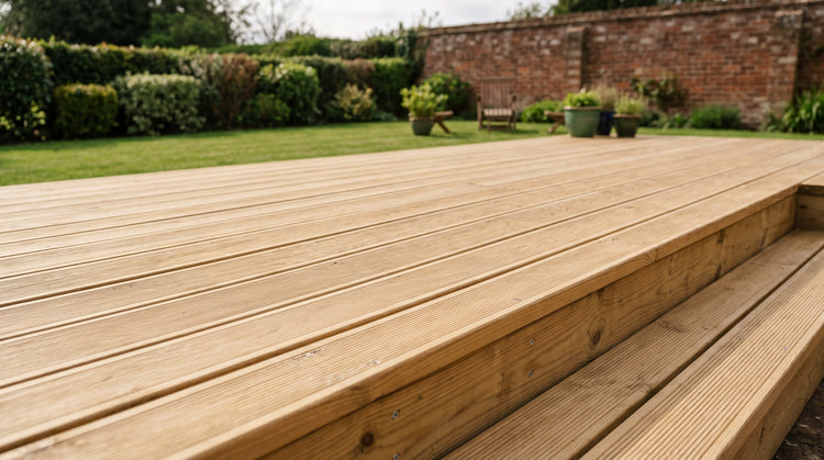 Freshly built softwood timber garden decking with boards running in parallel and a stepped edge, in a British walled garden