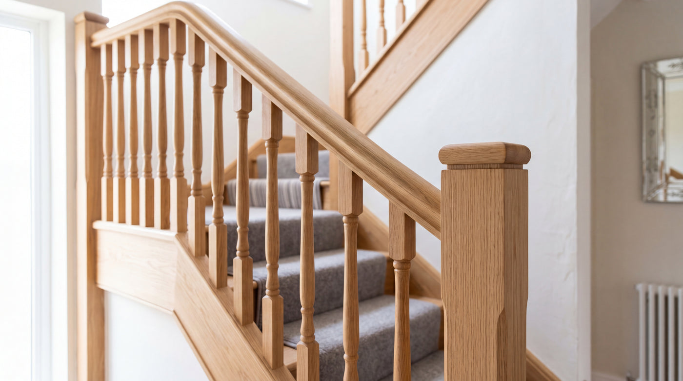 Oak staircase showing the key joinery parts: a square newel post, moulded handrail, base rail and turned spindles, in a British hallway