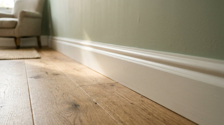 White Torus profile timber skirting board against a sage green wall and oak floor in a UK home