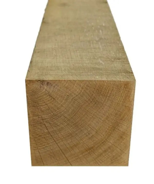 Freshly sawn European green oak beam showing natural grain and rough-sawn face