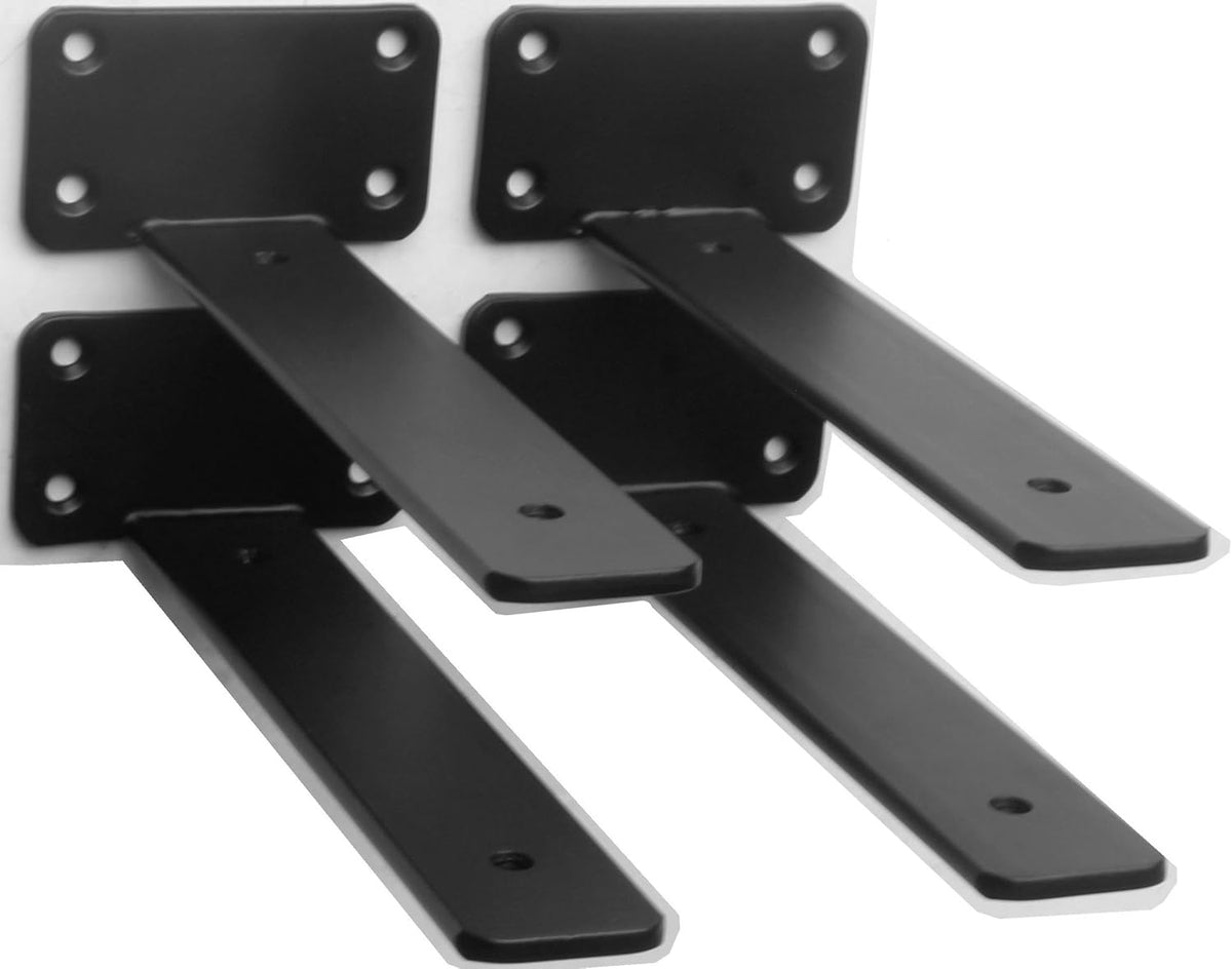 Pair of black metal shelf brackets with screw-fix wall plates