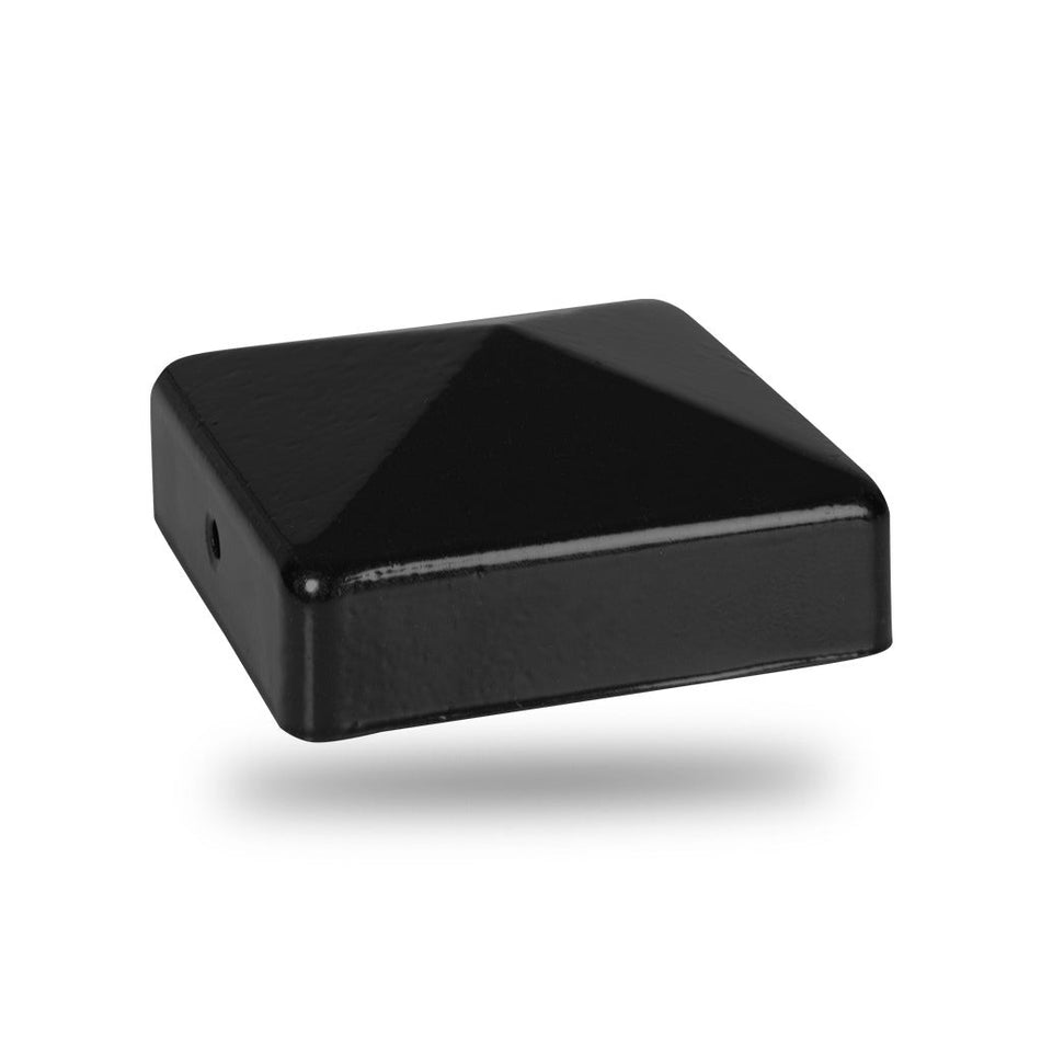 DuraPost fence post cap with bracket in black powder-coated finish, 75mm x 75mm