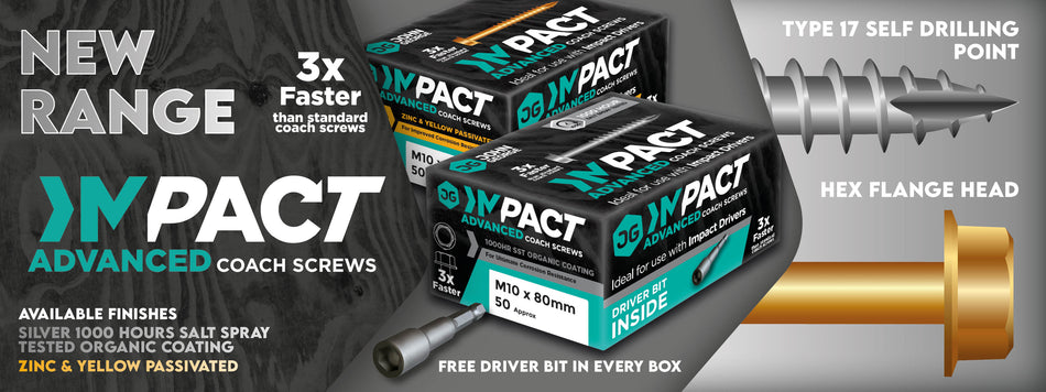 Impact Advanced Coach Screws for structural timber fixing, compatible with impact drivers