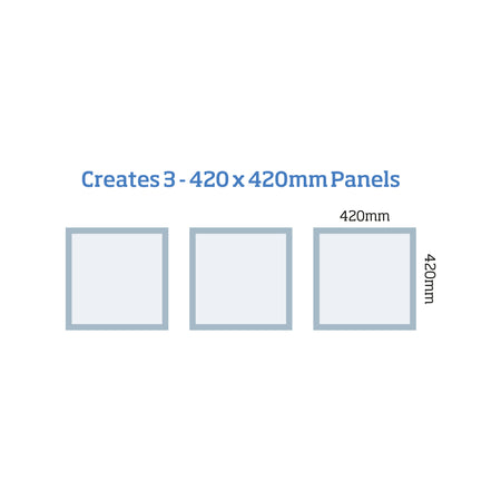 Primed wall panelling kit MWPKT1 showing 12 pre-mitred mouldings for three 420mm x 420mm panels