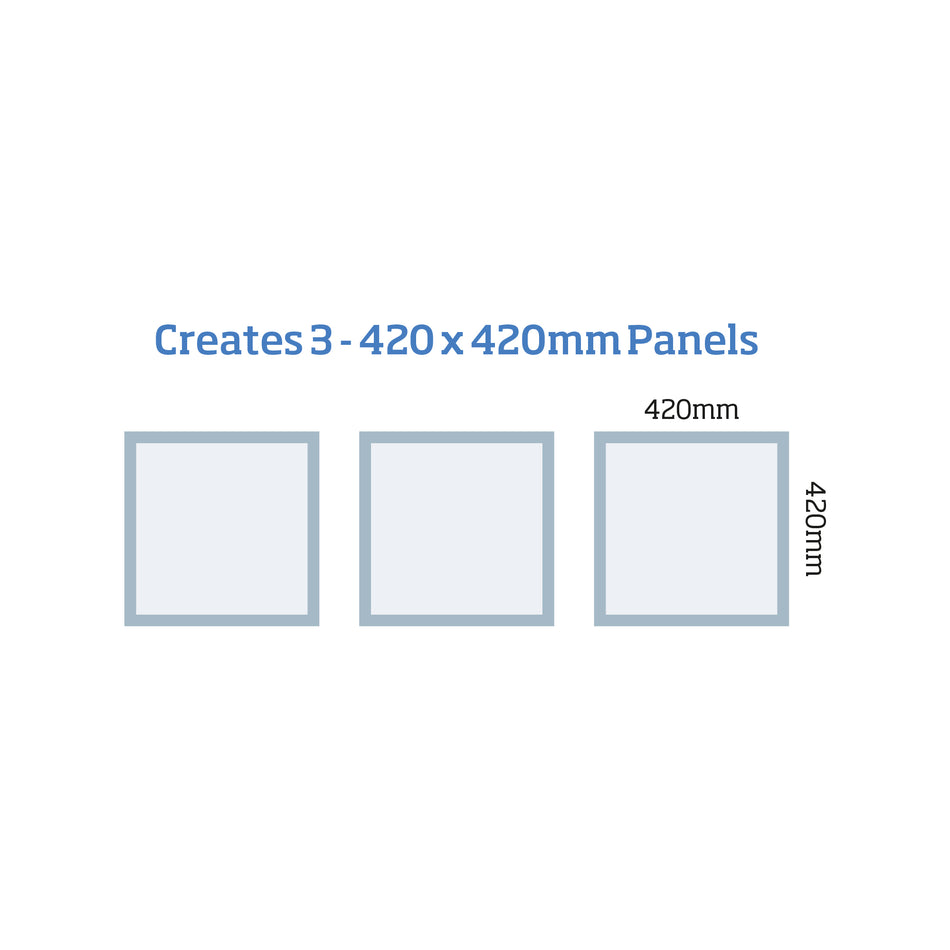 Primed wall panelling kit MWPKT1 showing 12 pre-mitred mouldings for three 420mm x 420mm panels