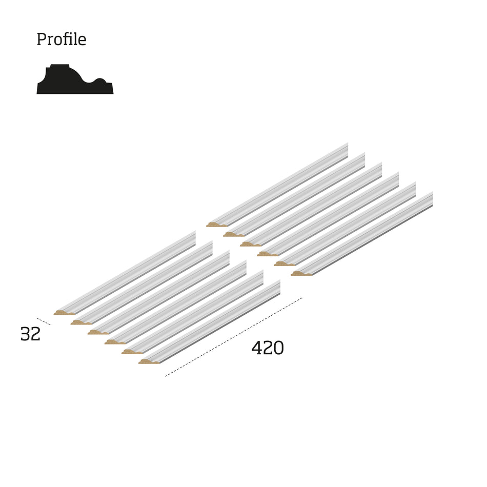 Technical diagram for primed wall panelling kit MWPKT1 showing 420mm x 420mm panel dimensions and layout