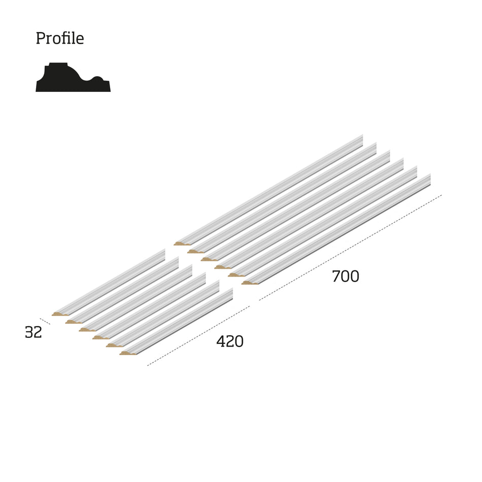 Technical drawing of primed white wall panelling kit showing 700mm x 420mm panel dimensions
