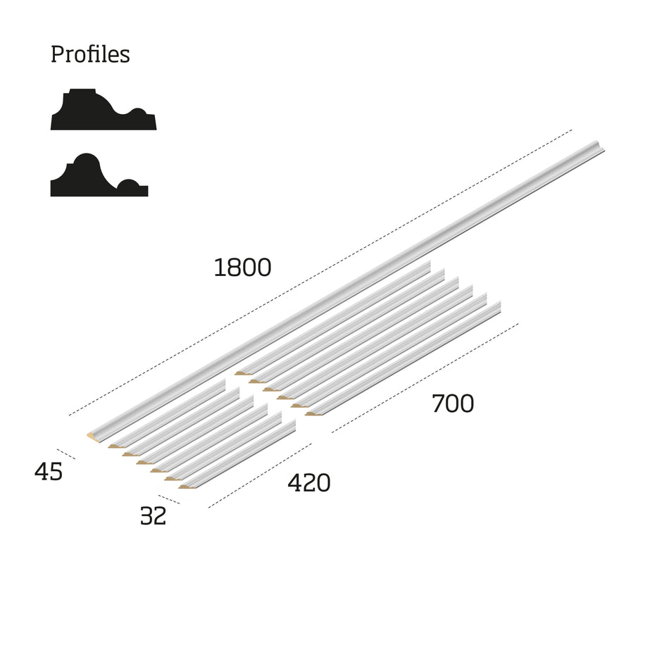 Technical drawing of primed white wall panelling kit MWPKT3 showing 700x420mm panel dimensions and 1800mm dado rail