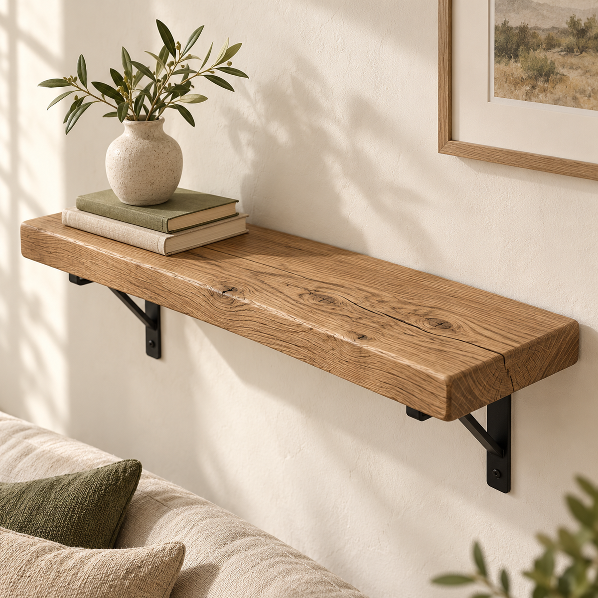 Solid oak floating shelf in Medium Oak finish