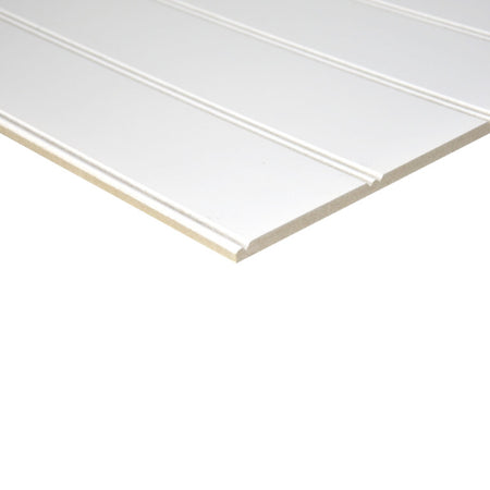 Primed Neat Match MDF long grain panel 2440x1220x9mm showing evenly spaced machined grooves