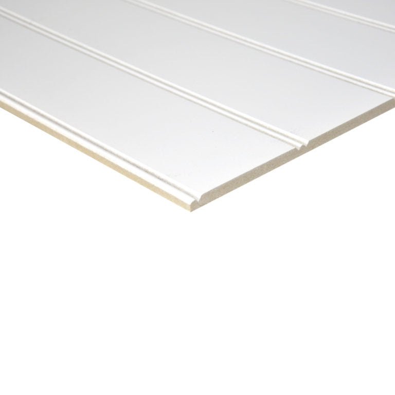 Primed Neat Match MDF long grain panel 2440x1220x9mm showing evenly spaced machined grooves