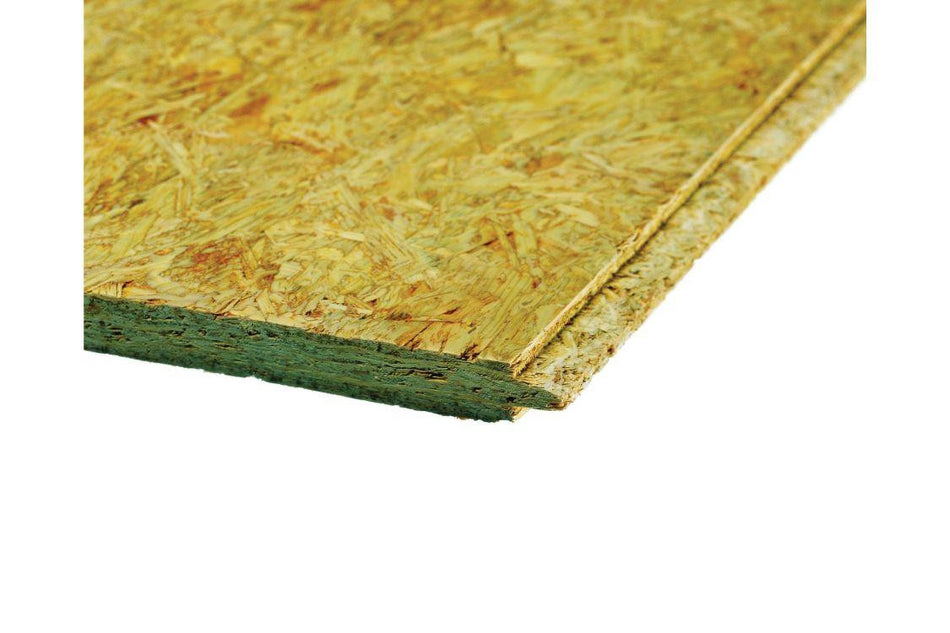 Tongue and groove OSB3 flooring boards stacked in yard at Nottage Timber Merchants South Wales