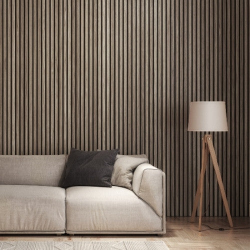 Walnut acoustic slat wall panel WPKT12 showing real wood veneer finish on a feature wall