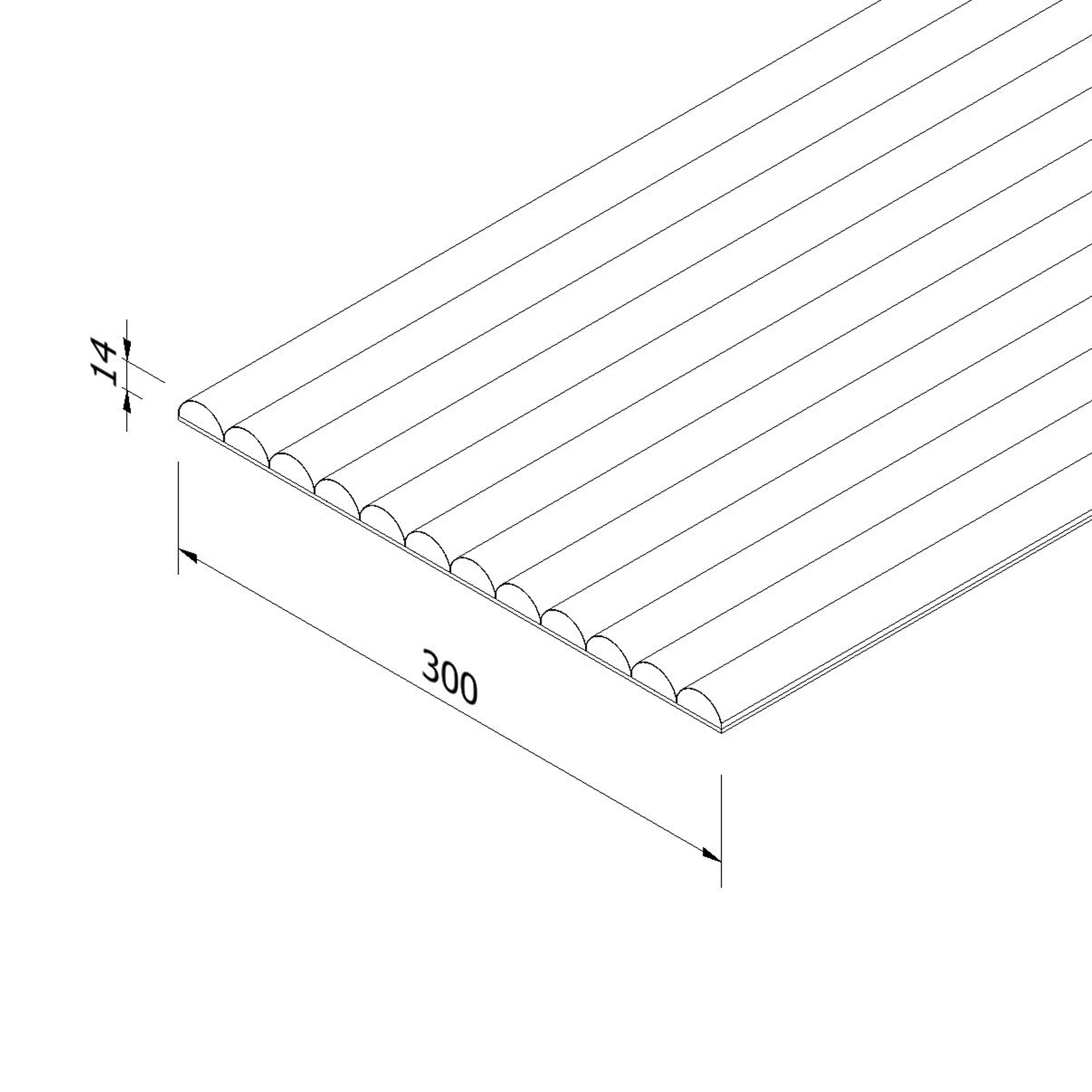 Technical drawing and dimensions for half round flexi oak wall panel 15mm x 300mm x 2400mm