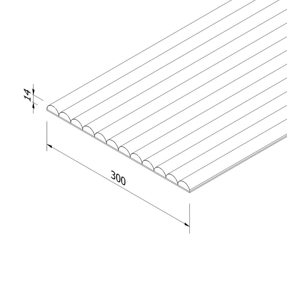 Technical drawing and dimensions for half round flexi oak wall panel 15mm x 300mm x 2400mm