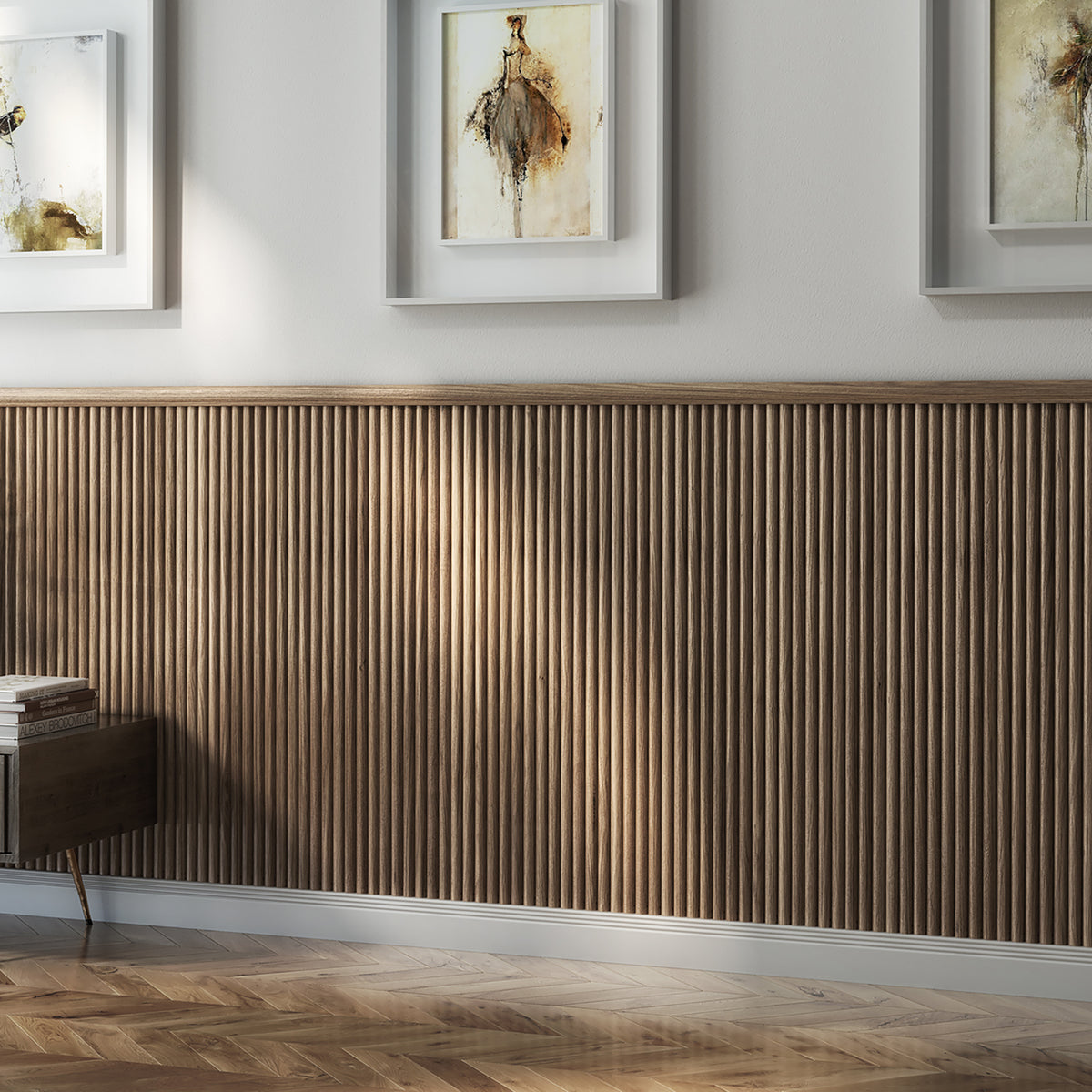 Close-up of half round flexi oak wall panel profile and surface finish