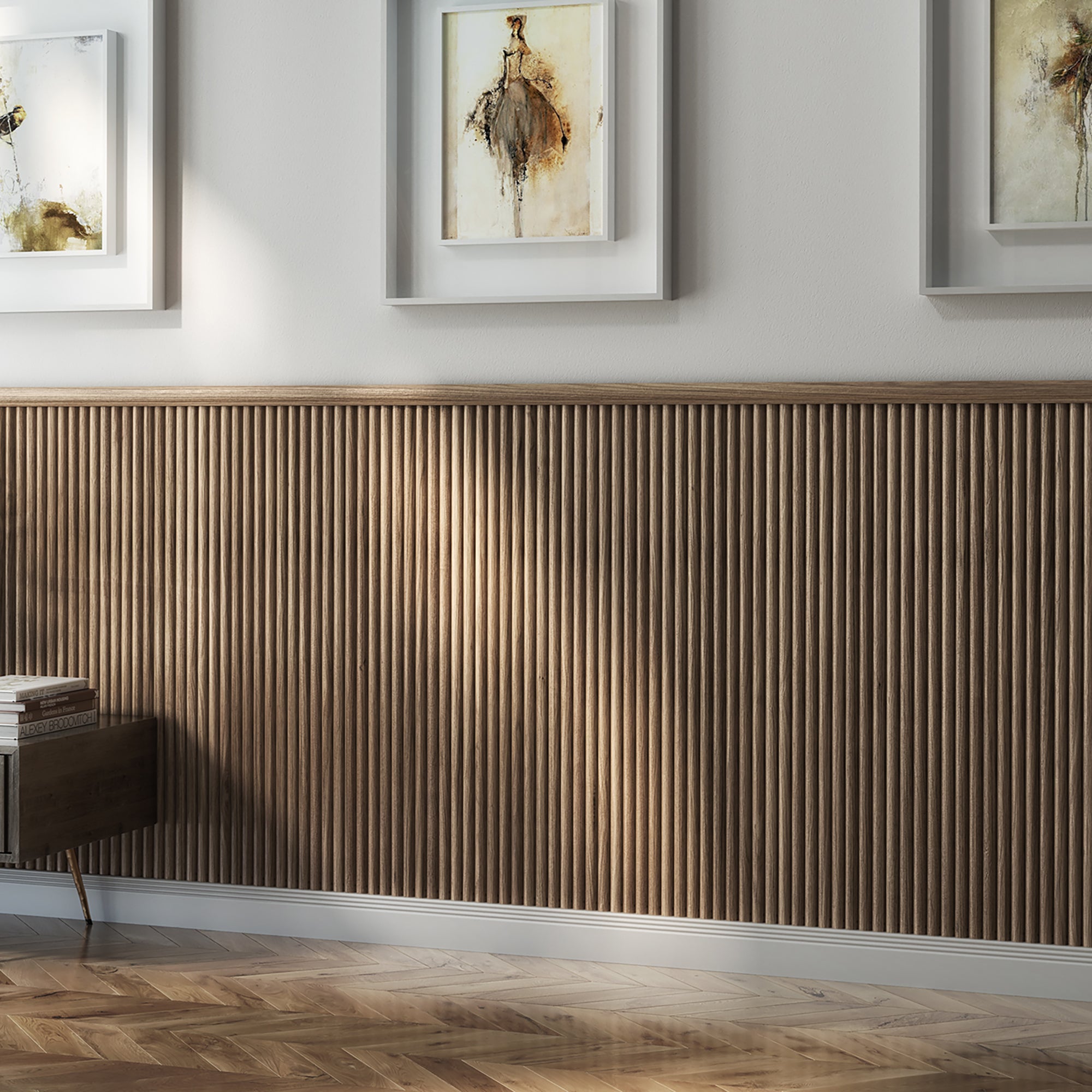 Close-up of half round flexi oak wall panel profile and surface finish
