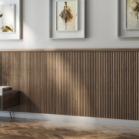 Close-up of half round flexi oak wall panel profile and surface finish