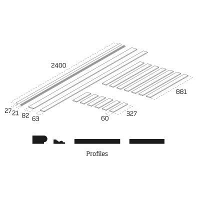 WPKT6 MDF wall panel kit technical diagram showing component dimensions