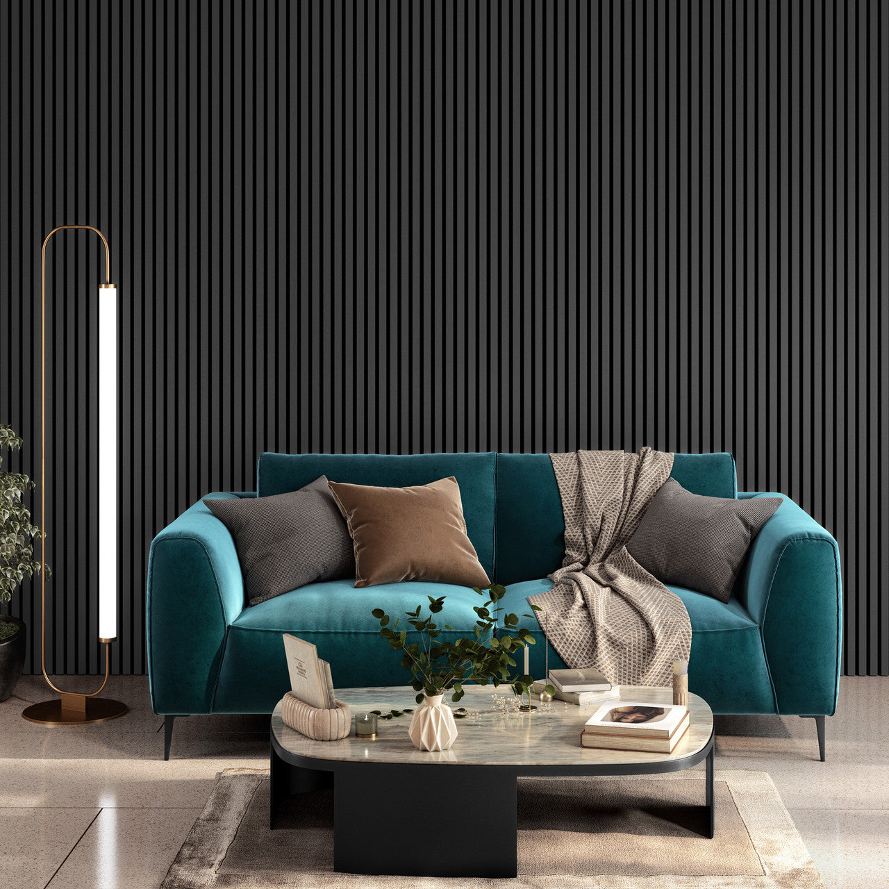 Grey acoustic slat wall panel WPKT8 showing real wood veneer finish, 2400 x 605 x 22mm
