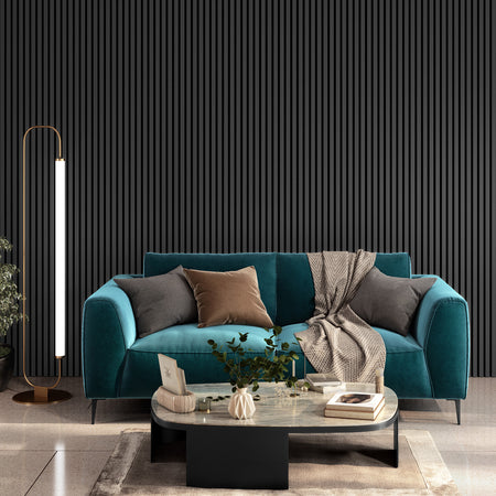Grey acoustic slat wall panel WPKT8 showing real wood veneer finish, 2400 x 605 x 22mm