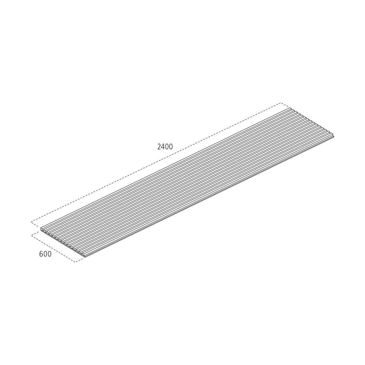 Technical dimensions diagram for grey acoustic slat wall panel WPKT8, 2400 x 605 x 22mm