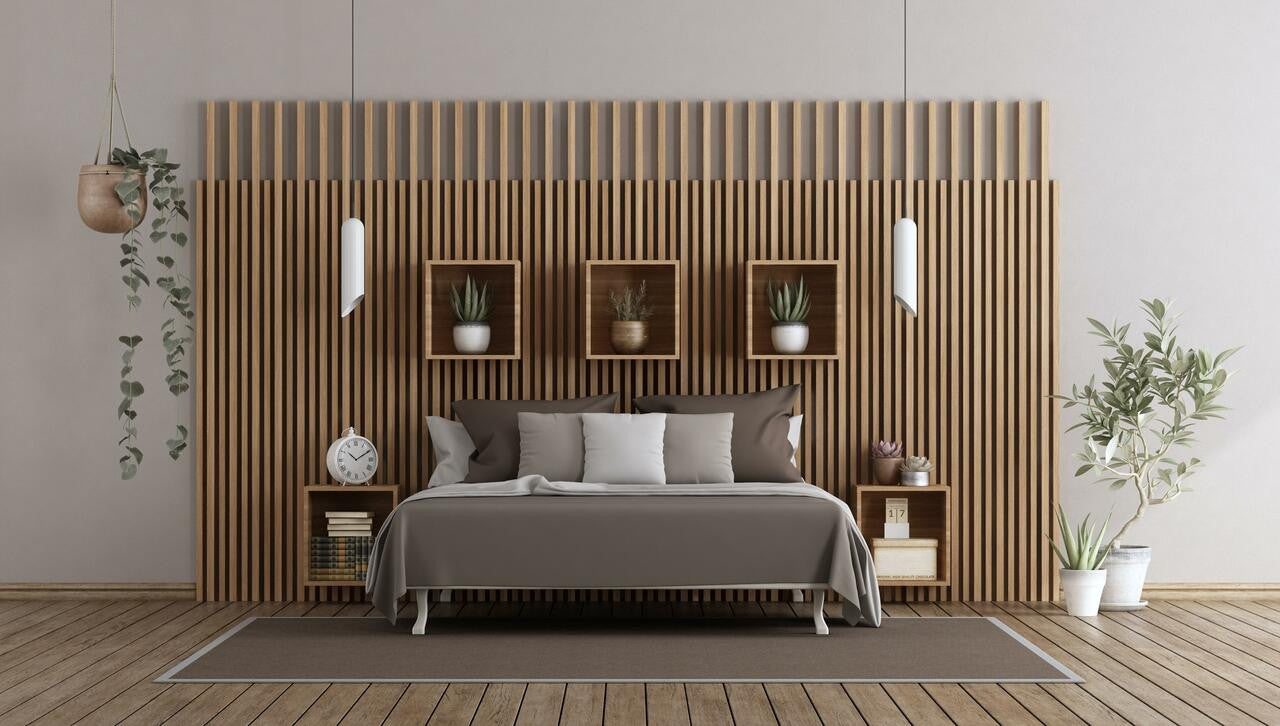 Solid oak wall panelling strips 15mm x 32mm x 2100mm, American White Oak, shown in a finished wall panel installation