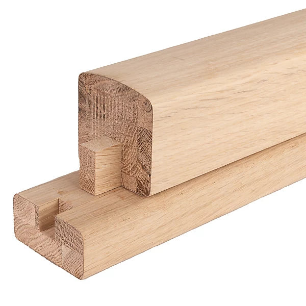 Oak stair handrail 13mm groove curve top profile 59x59mm, shown with base rail