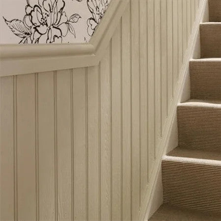 Primed MDF neat match cross grain panel 2440x1220x9mm showing machined groove detail