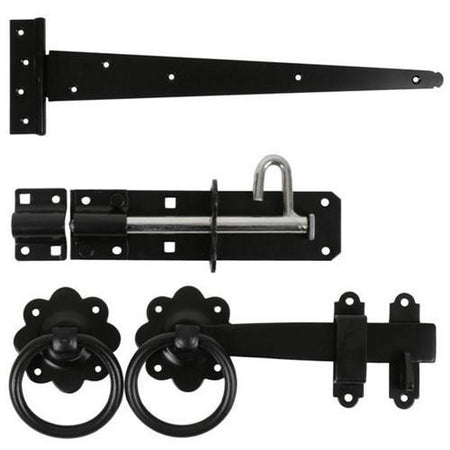 Pedestrian gate kit showing tee hinges, padbolt and latch components laid out