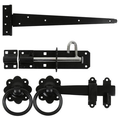 Pedestrian gate kit showing tee hinges, padbolt and latch components laid out